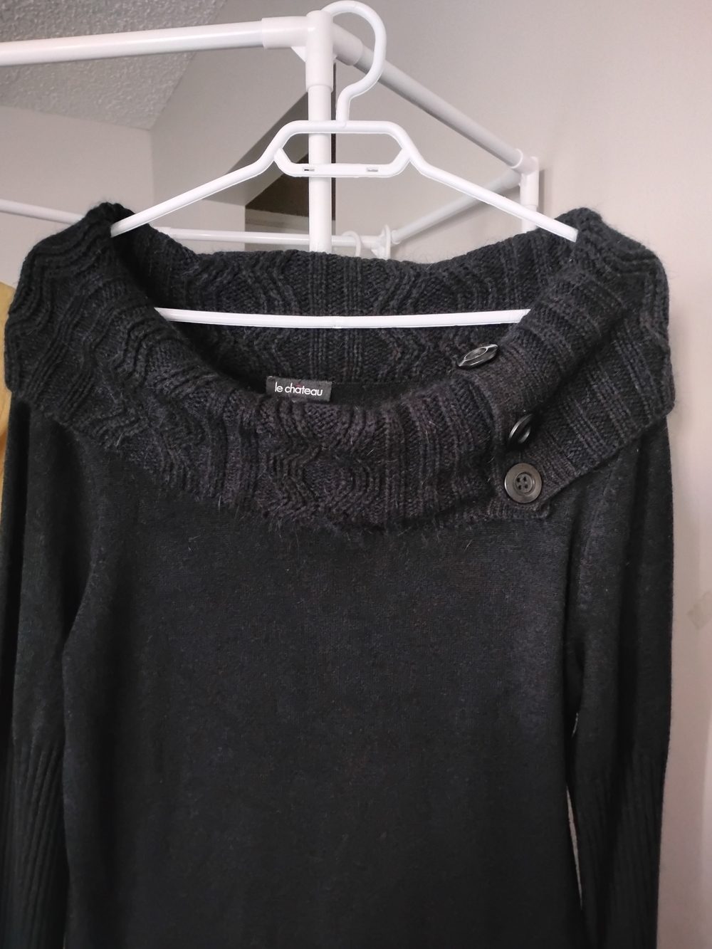 Le Chateau Women's Charcoal Off-Shoulder Knit Button Collar Long Sleeve Sweater